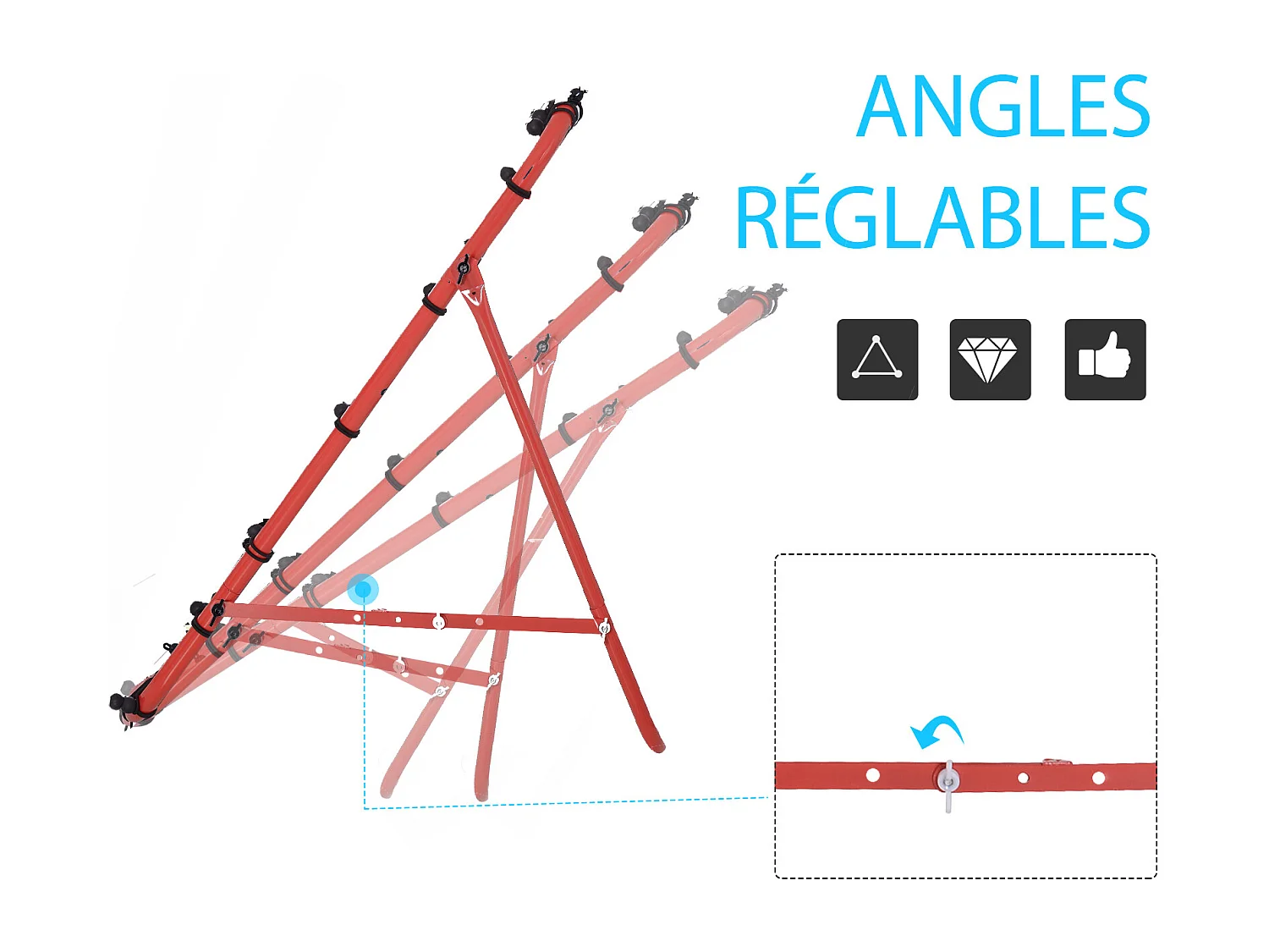 Filet de rebond pliable inclinaison réglable - piquets d'ancrage inclus - filet PE noir métal époxy rouge