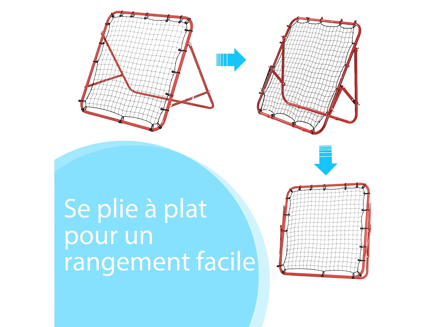 Filet de rebond pliable inclinaison réglable - piquets d'ancrage inclus - filet PE noir métal époxy rouge