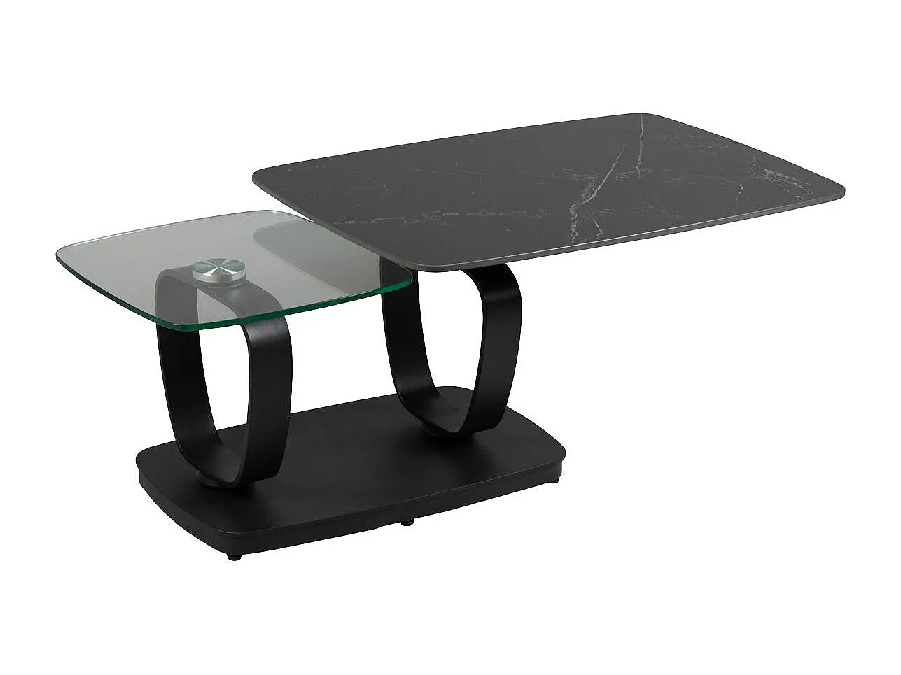 VASSILI - Table Basse Plateaux Céramique Effet Marbré Noir Amovible et Verre Fumé