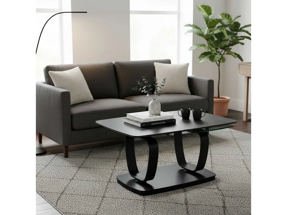 VASSILI - Table Basse Plateaux Céramique Effet Marbré Noir Amovible et Verre Fumé