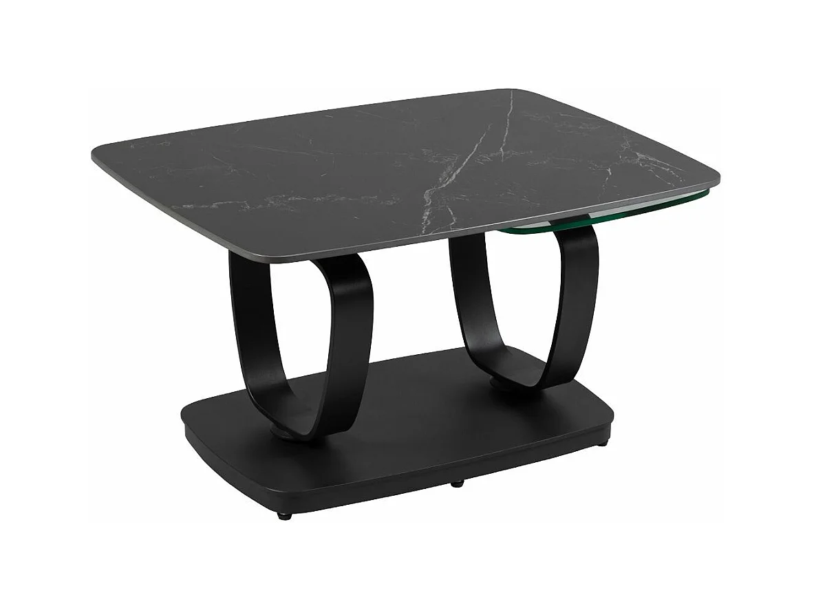 VASSILI - Table Basse Plateaux Céramique Effet Marbré Noir Amovible et Verre Fumé