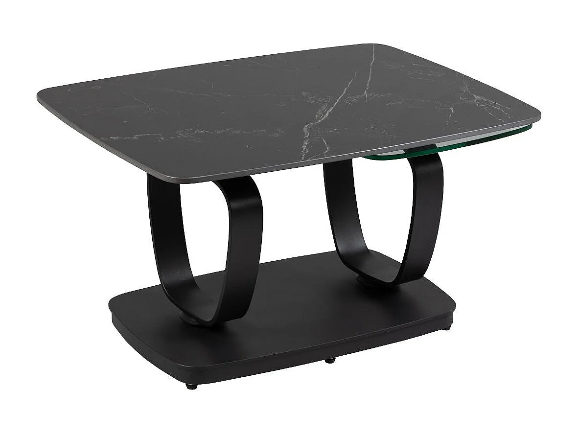 VASSILI - Table Basse Plateaux Céramique Effet Marbré Noir Amovible et Verre Fumé