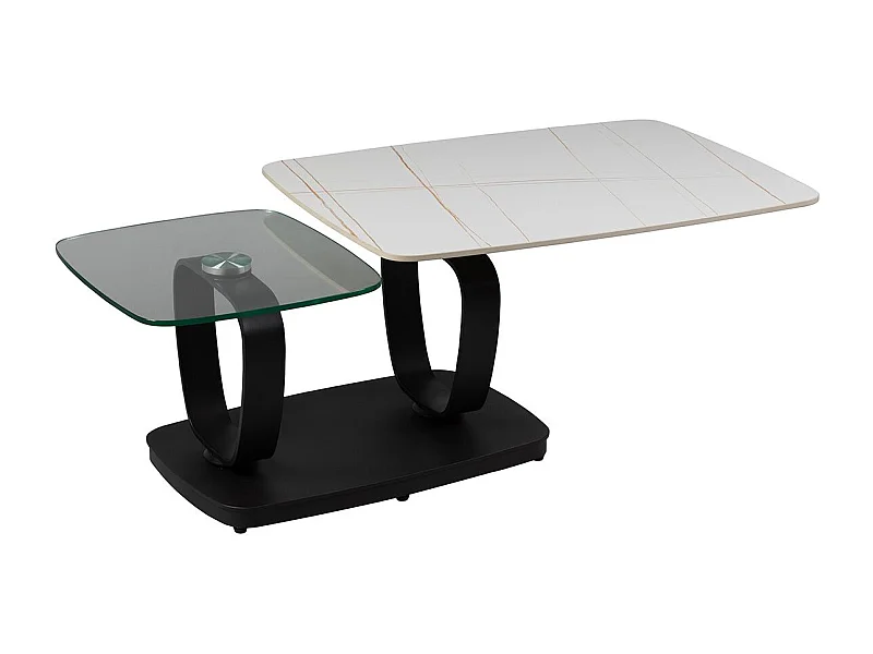 VASSILI - Table Basse Plateaux Céramique Effet Marbré Blanc Amovible et Verre Fumé