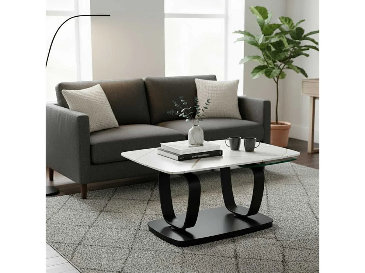 VASSILI - Table Basse Plateaux Céramique Effet Marbré Blanc Amovible et Verre Fumé