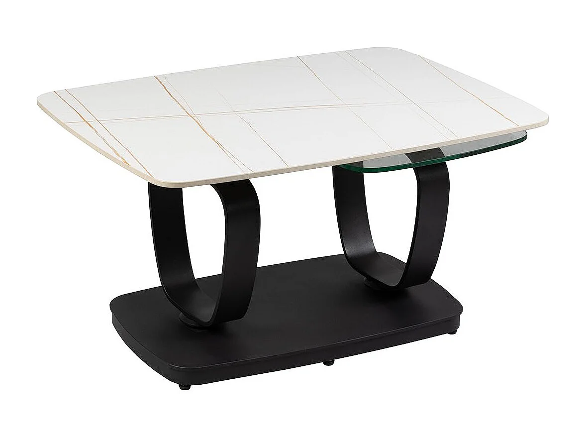 VASSILI - Table Basse Plateaux Céramique Effet Marbré Blanc Amovible et Verre Fumé