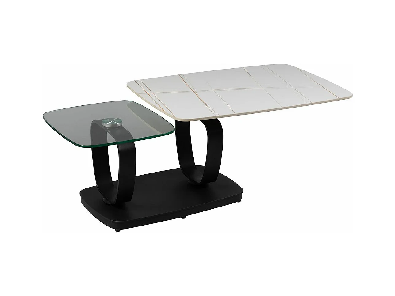 VASSILI - Table Basse Plateaux Céramique Effet Marbré Blanc Amovible et Verre Fumé