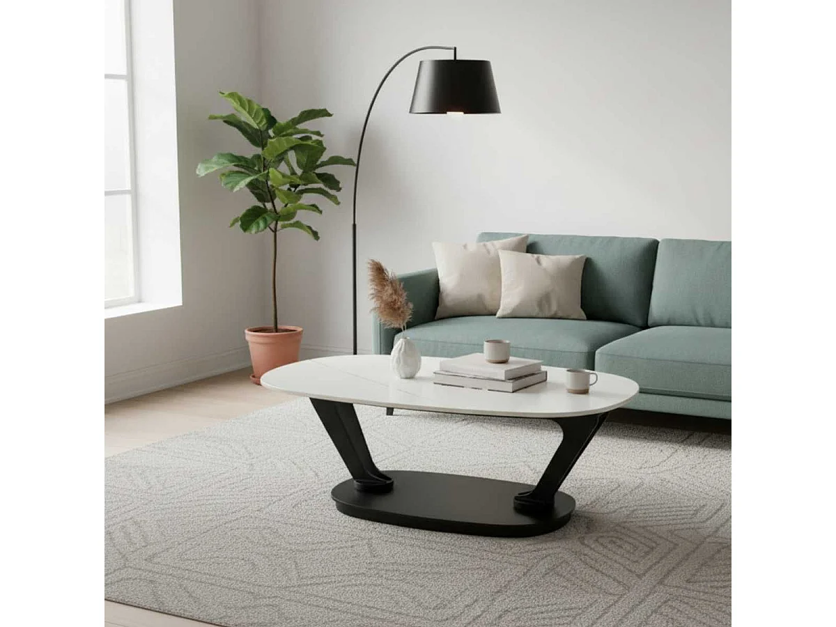 YSALINE - Table Basse Plateaux Céramique Effet Marbré Blanc Amovible