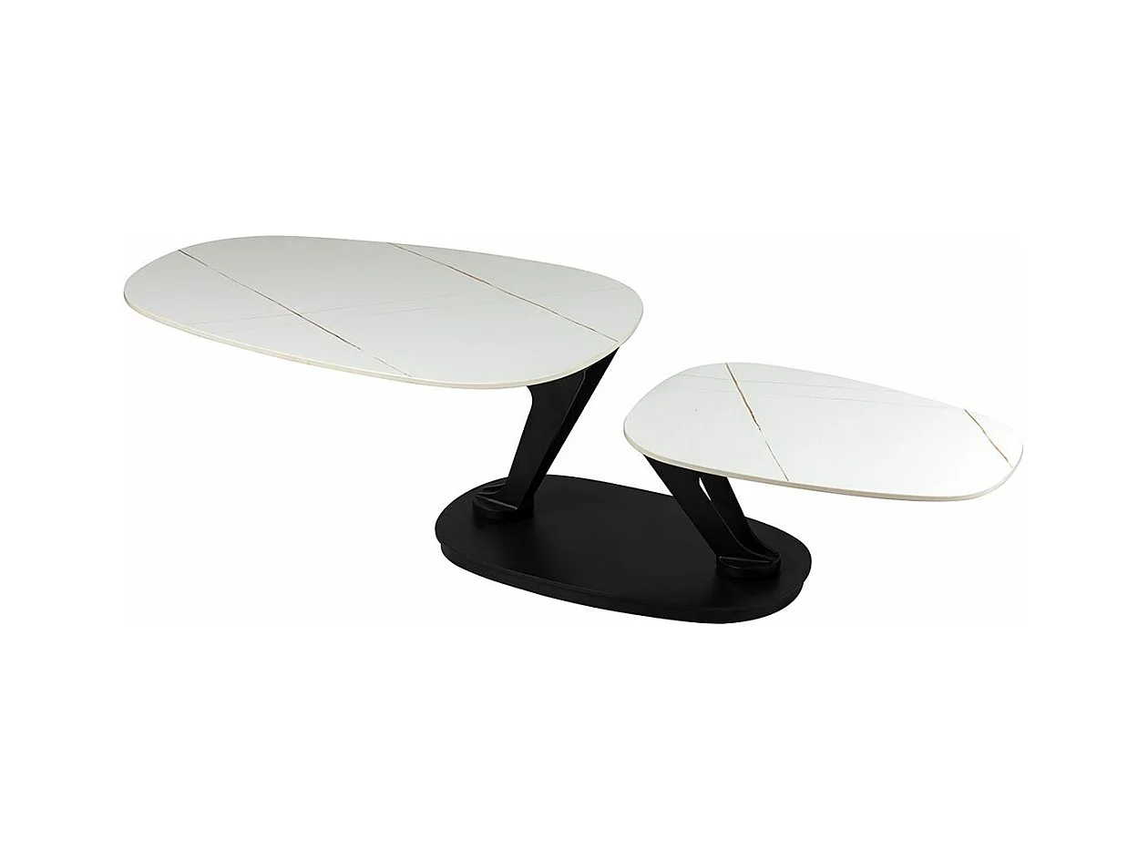 YSALINE - Table Basse Plateaux Céramique Effet Marbré Blanc Amovible