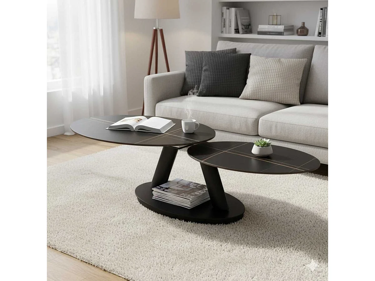 YSALINE - Table Basse Plateaux Céramique Effet Marbré Noir Amovible