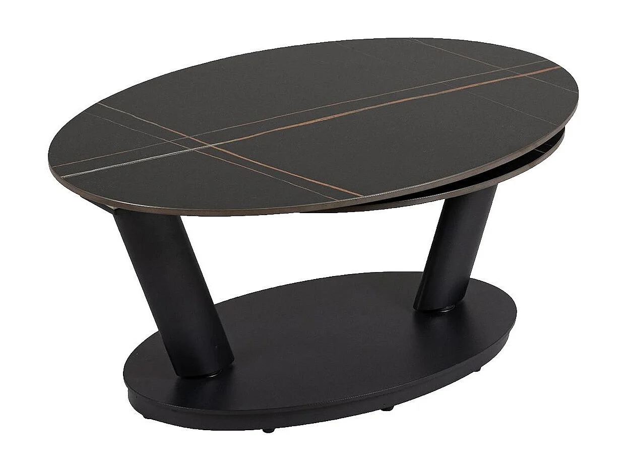 YSALINE - Table Basse Plateaux Céramique Effet Marbré Noir Amovible