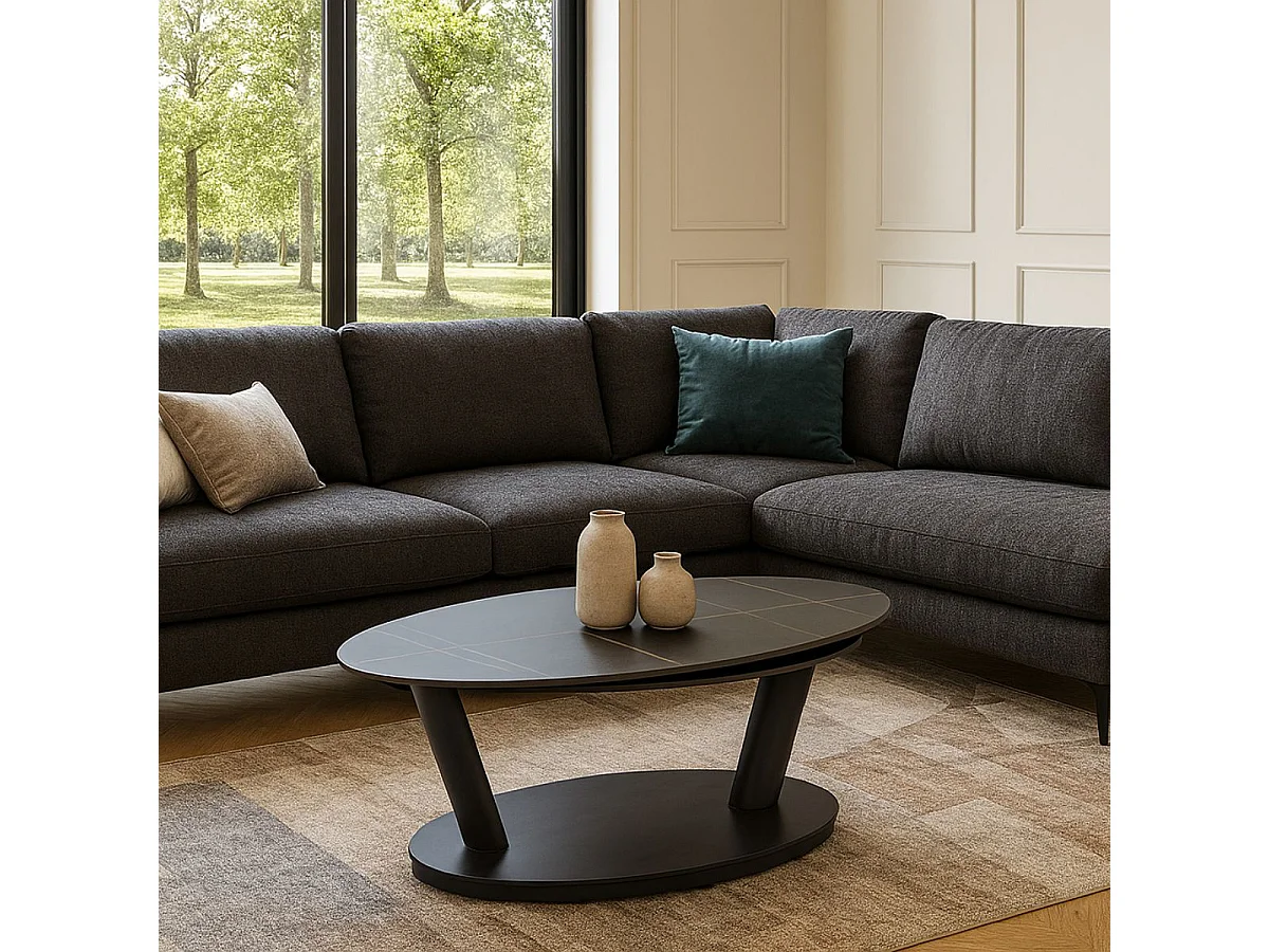 YSALINE - Table Basse Plateaux Céramique Effet Marbré Noir Amovible