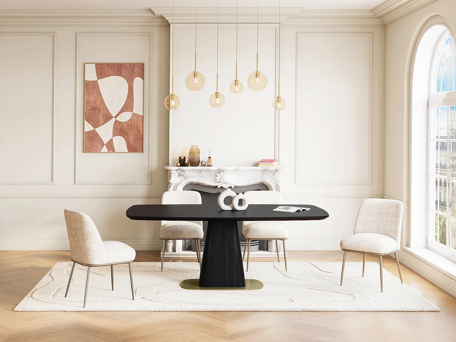 Table à manger 8 personnes placage frêne et métal - Noir et doré - DYLORA