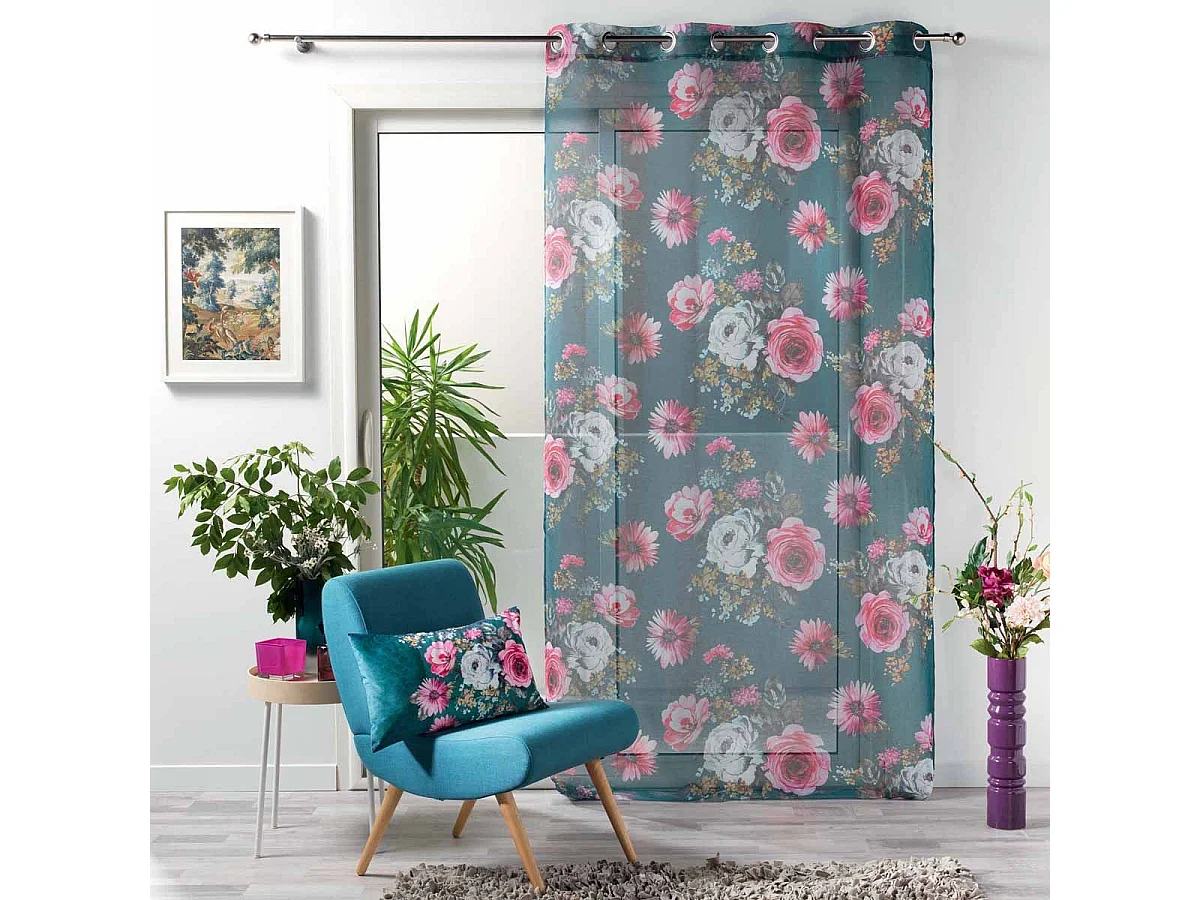 Rideau Voilage à Œillets "Flower Life" 140x240cm Pétrole