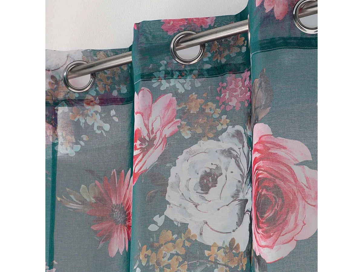 Rideau Voilage à Œillets "Flower Life" 140x240cm Pétrole