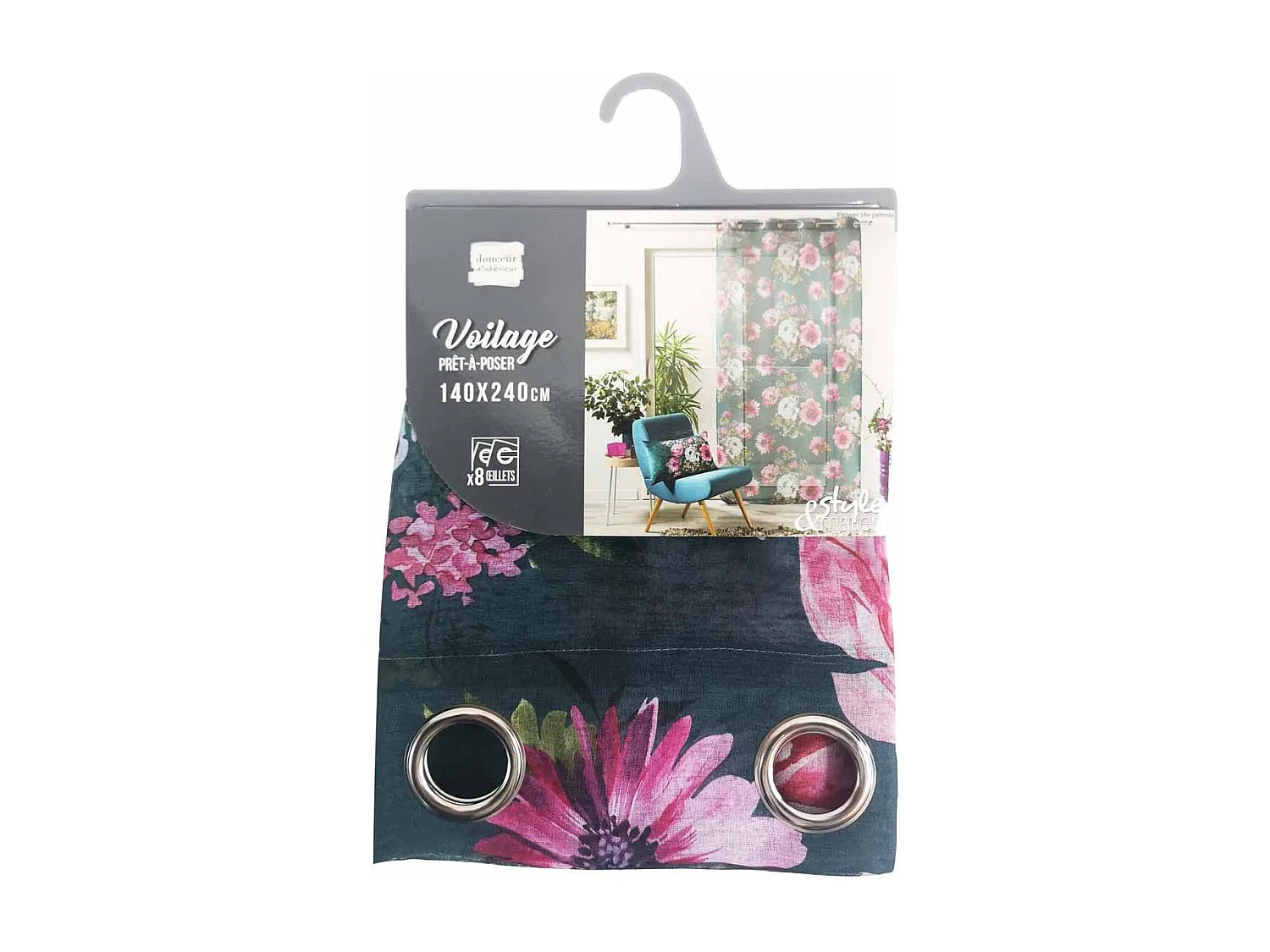 Rideau Voilage à Œillets "Flower Life" 140x240cm Pétrole
