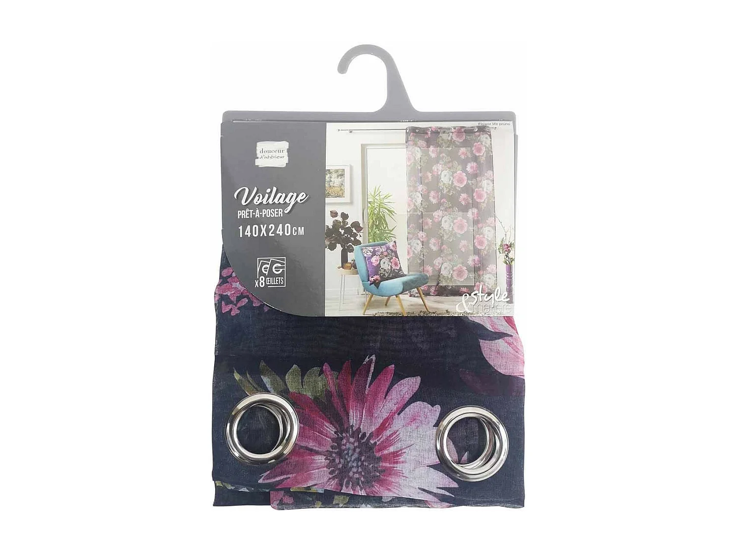 Rideau Voilage à Œillets "Flower Life" 140x240cm Prune