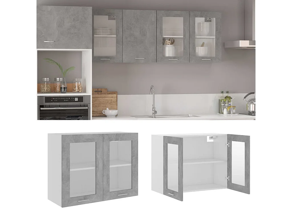 Armoire en verre suspendue Gris béton Bois d'ingénierie