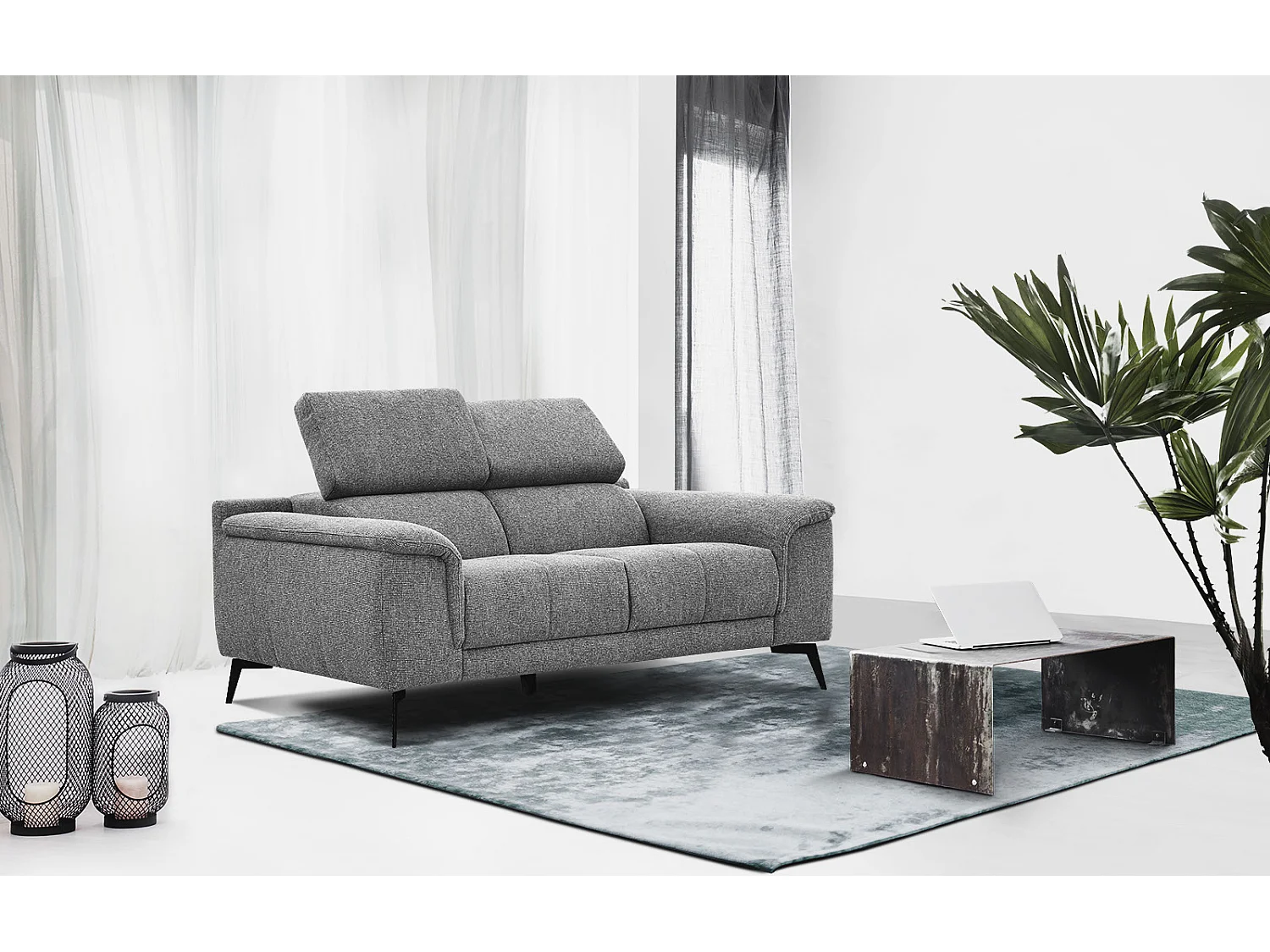 FIERO Sofa 2-Sitzer mit verstellbare Kopfstützen, grau