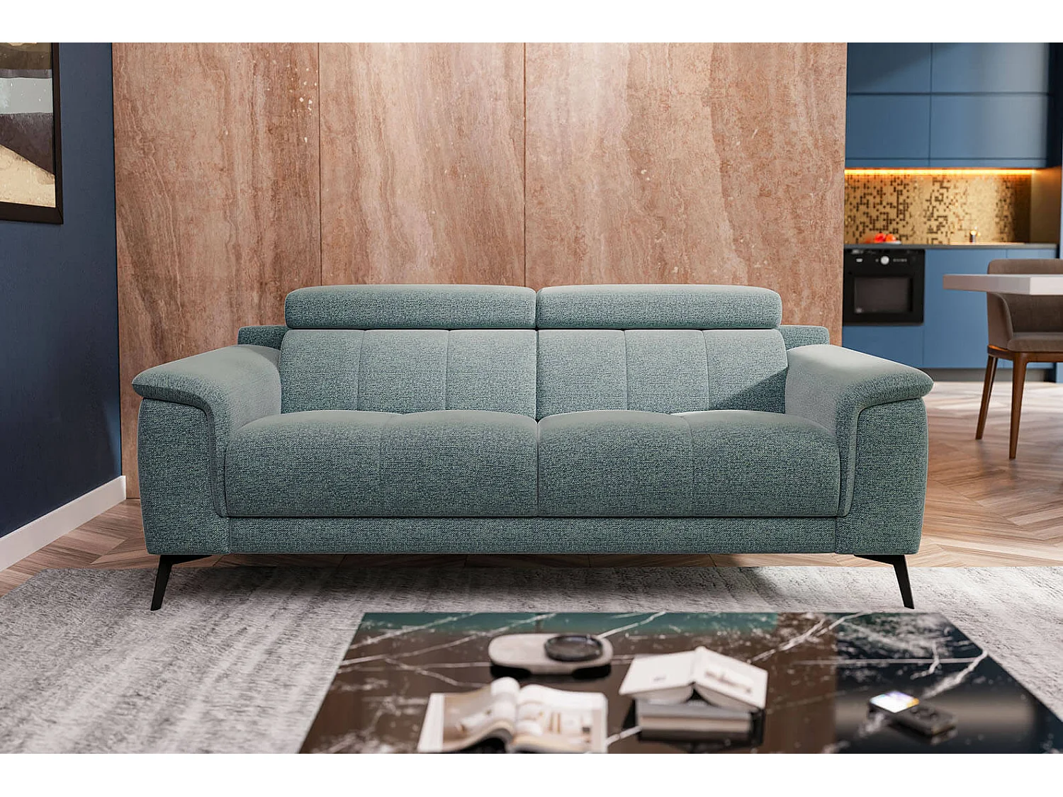 Canapé droit XXL 3 places tissu turquoise - FIERO