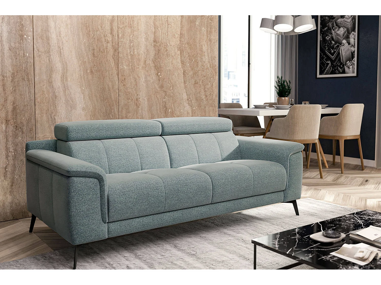 Canapé droit XXL 3 places tissu turquoise - FIERO