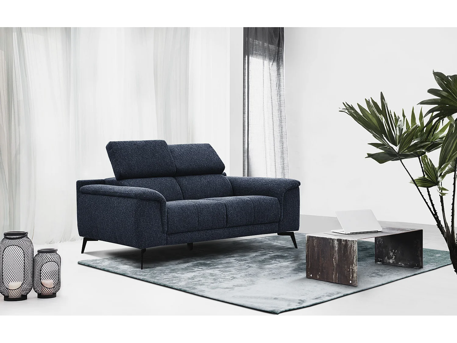 FIERO Sofa 2-Sitzer mit verstellbare Kopfstützen, marineblau