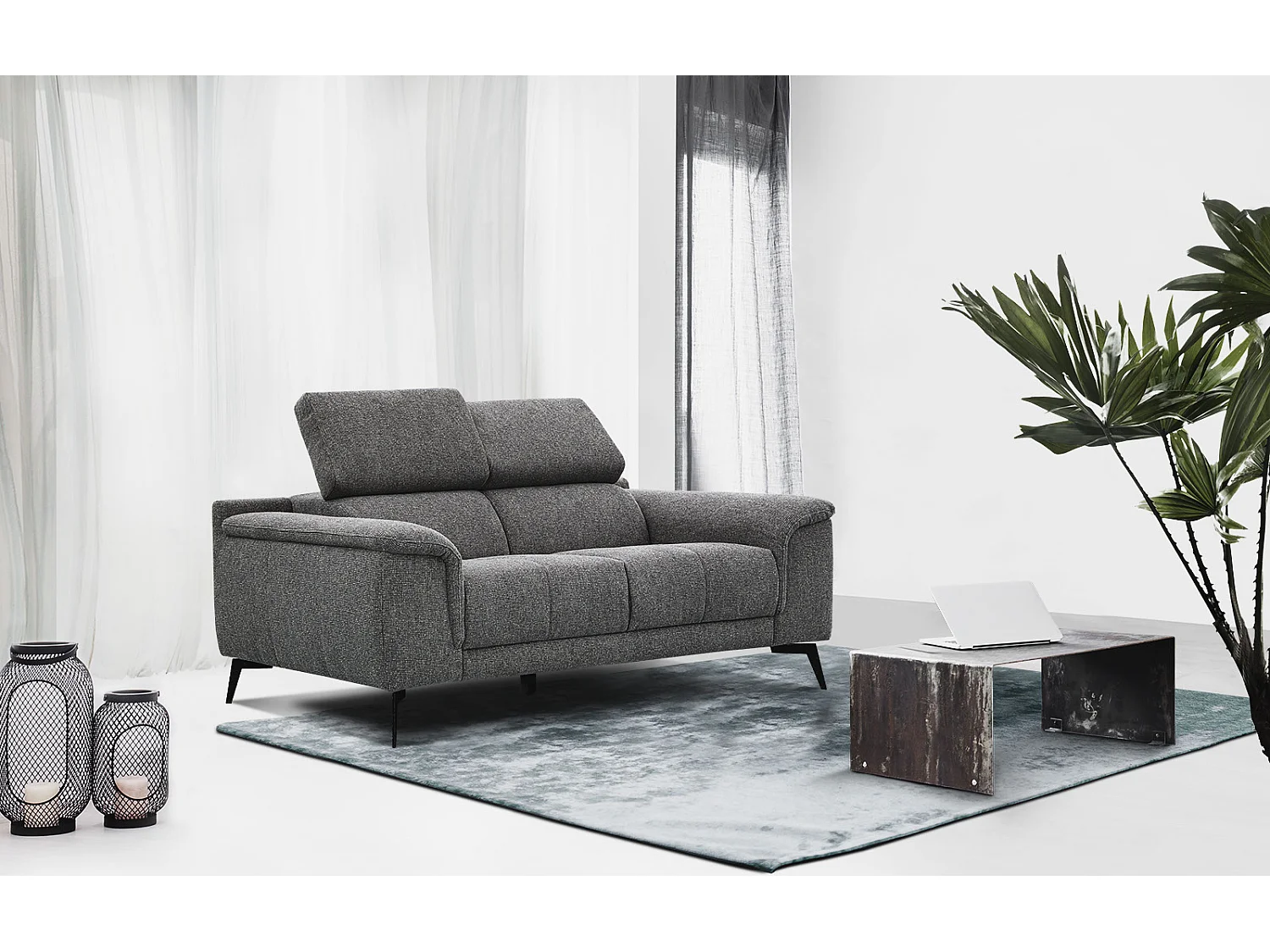 FIERO Sofa 2-Sitzer mit verstellbare Kopfstützen, dunkelgrau
