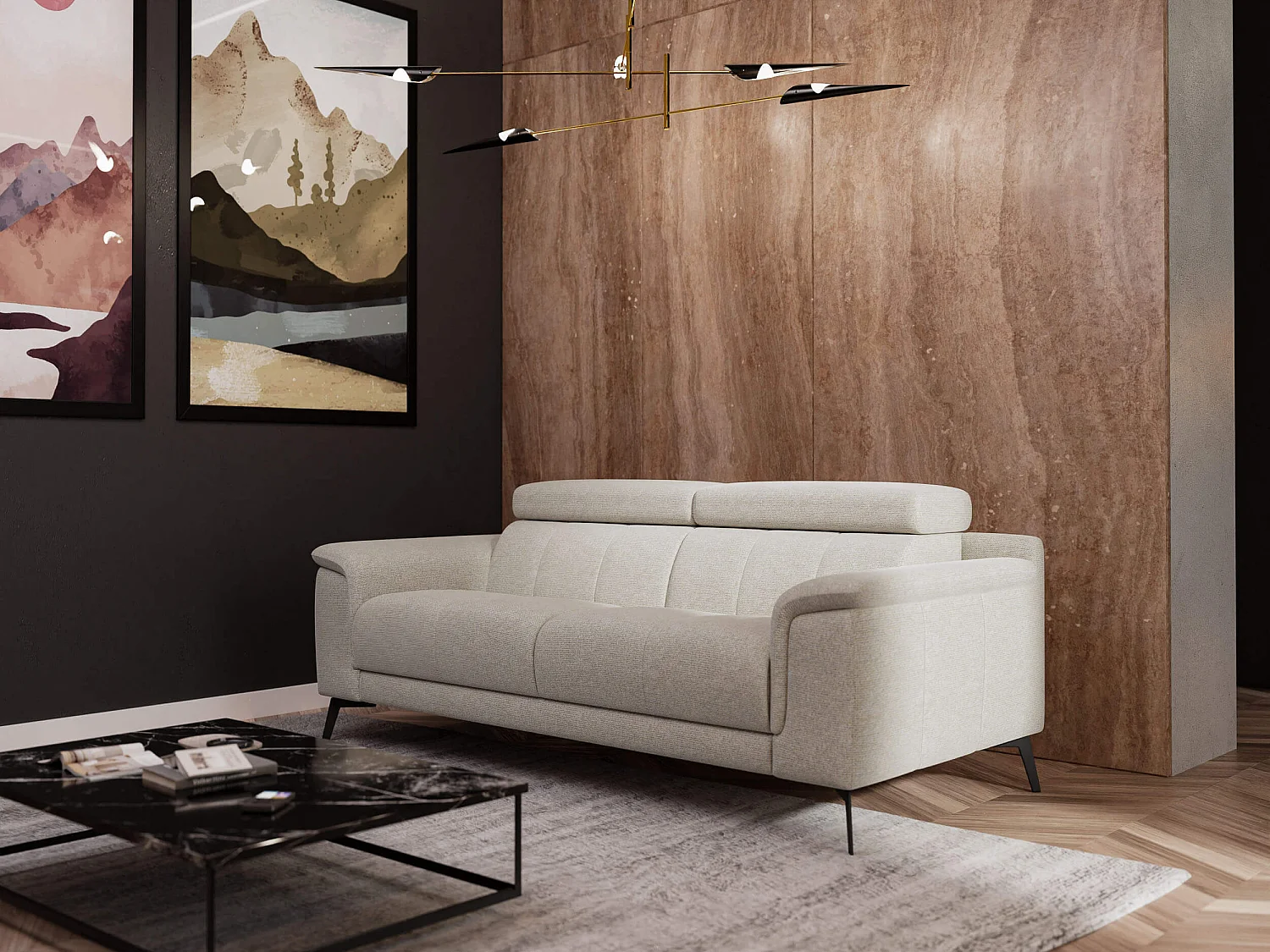 FIERO Sofa 3-Sitzer mit verstellbare Kopfstützen, creme