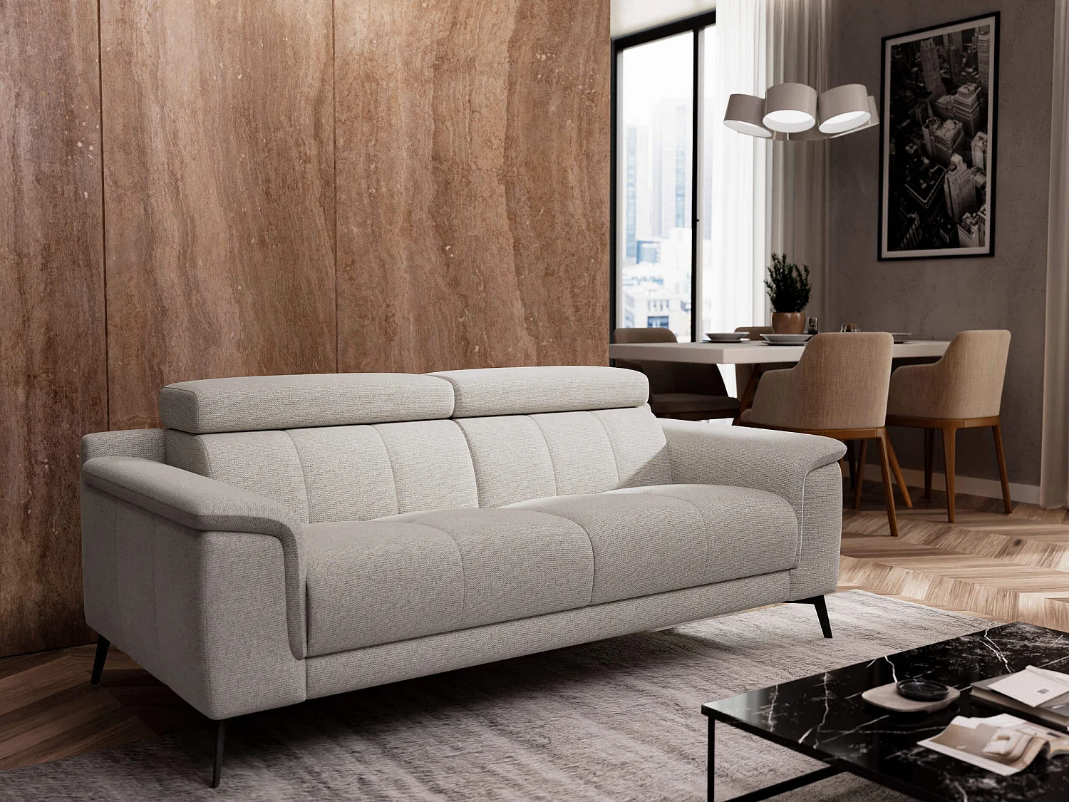 FIERO Sofa 3-Sitzer mit verstellbare Kopfstützen, creme