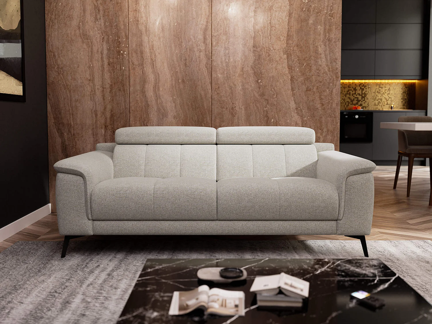 Canapé droit XXL 3 places tissu gris pérlé - FIERO