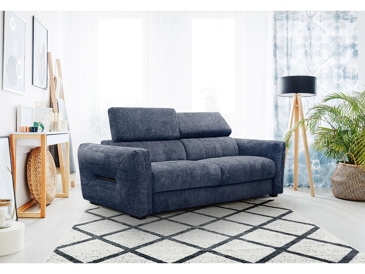 CALVERA Sofa 3-Sitzer mit verstellbare Kopfstützen, dunkelblau