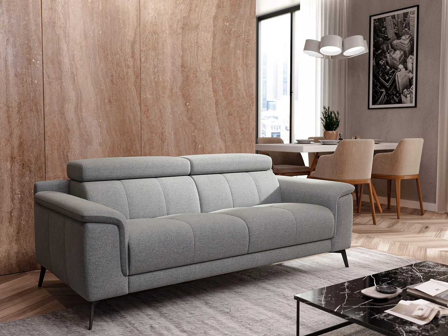 Canapé droit XXL 3 places tissu argenté - FIERO