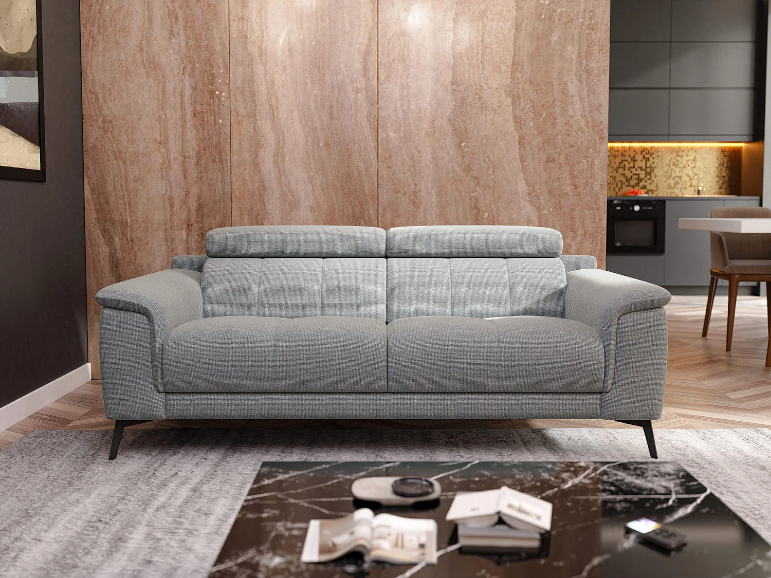 Canapé droit XXL 3 places tissu argenté - FIERO