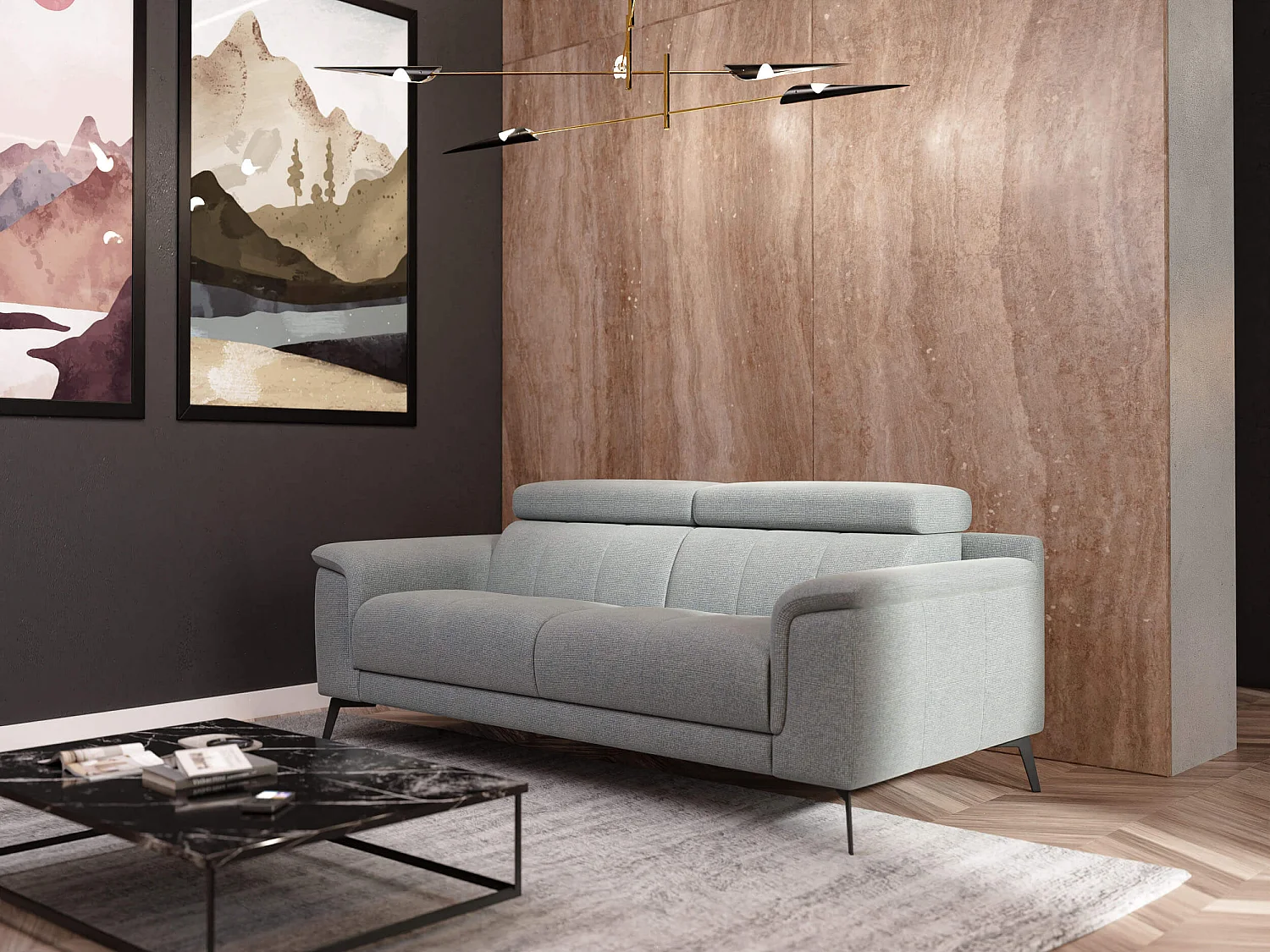 Canapé droit XXL 3 places tissu argenté - FIERO