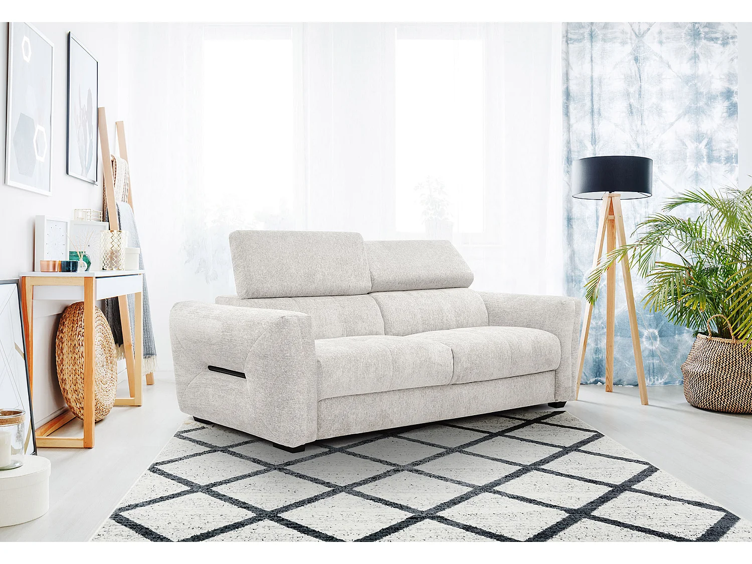 Canapé droit XXL 3 places tissu blanc perle - CALVERA