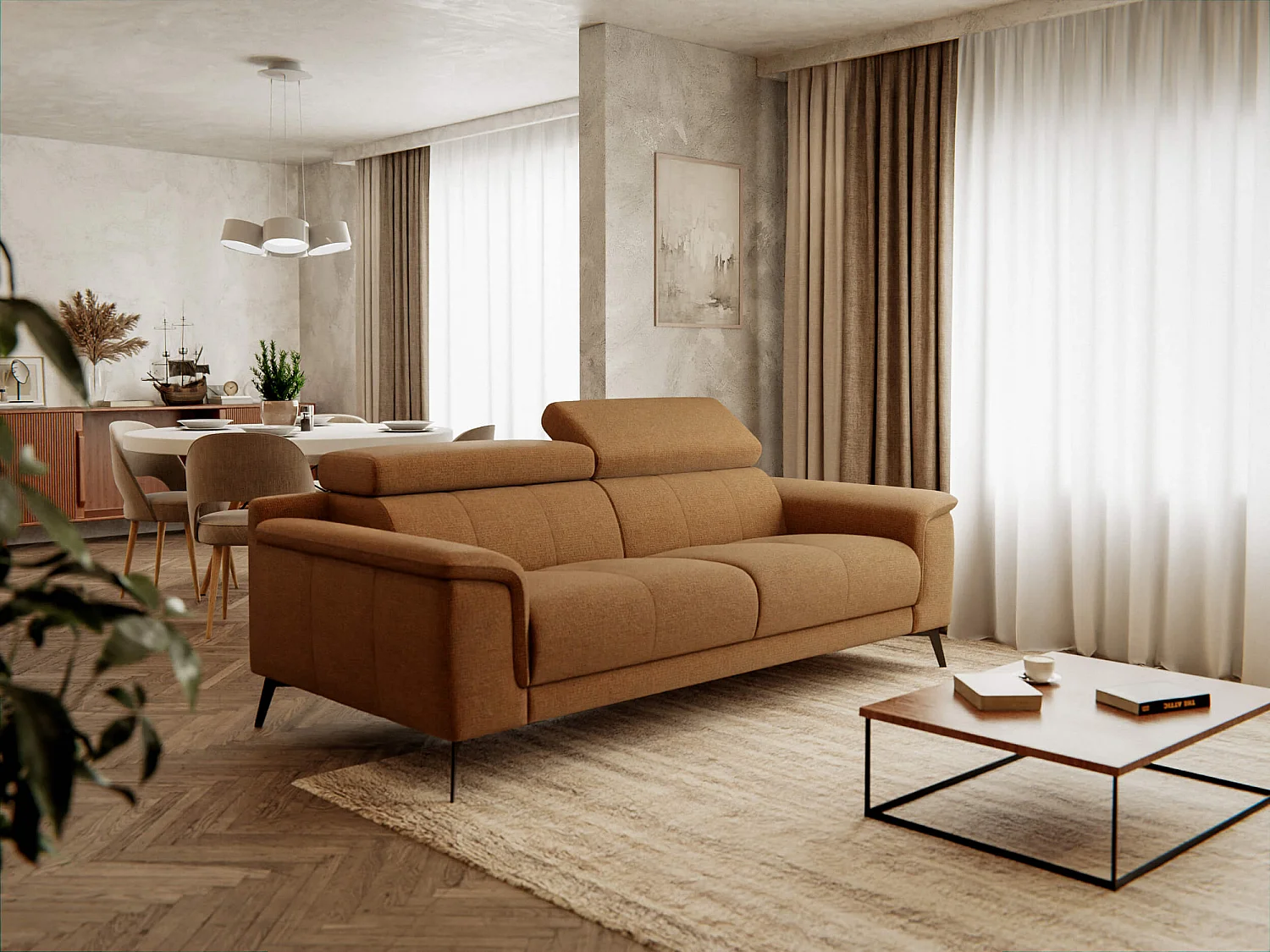 Canapé droit XXL 3 places tissu jaune miel - FIERO
