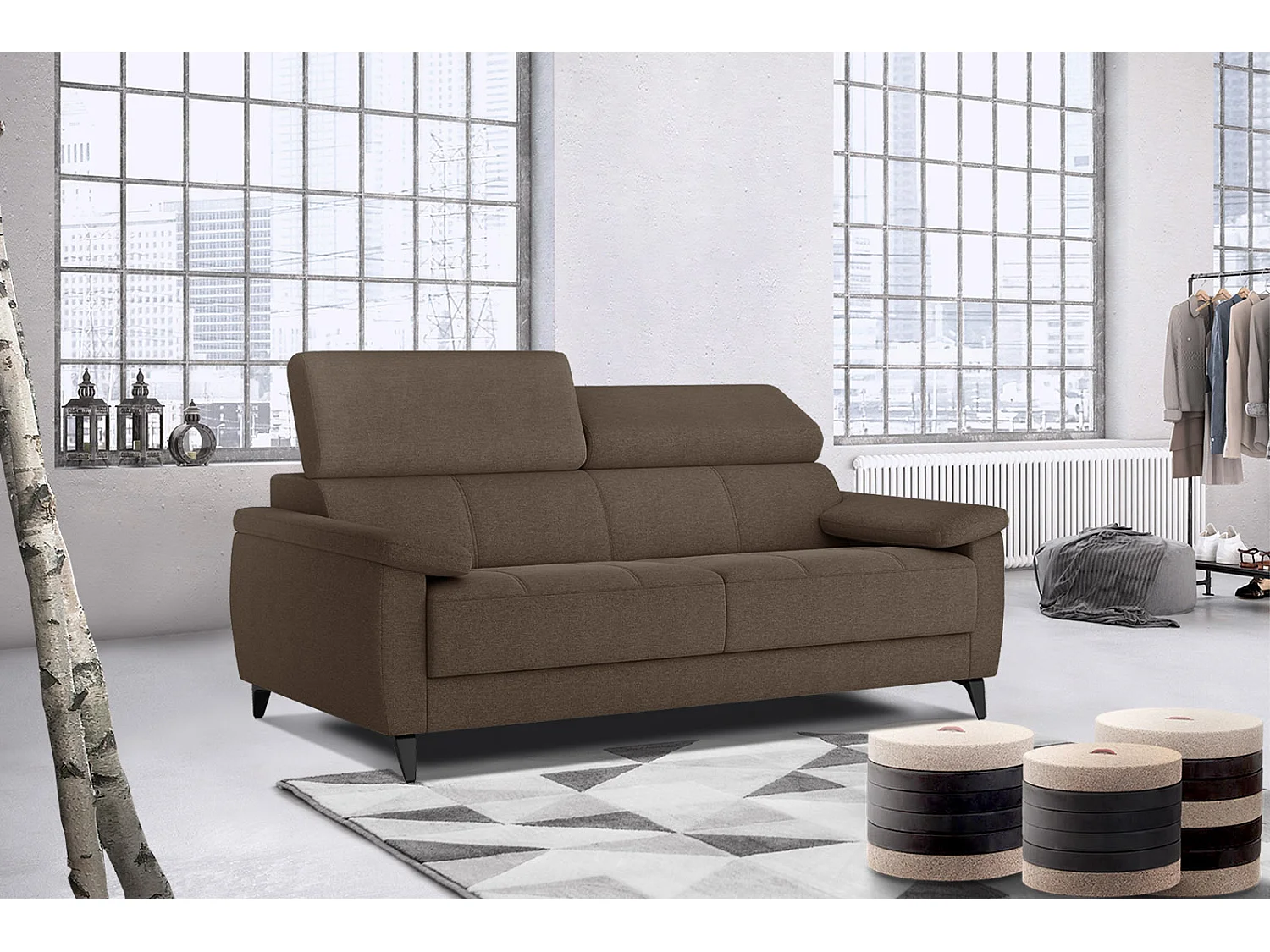 Canapé droit 3 places XXL tissu marron - TAUNUS