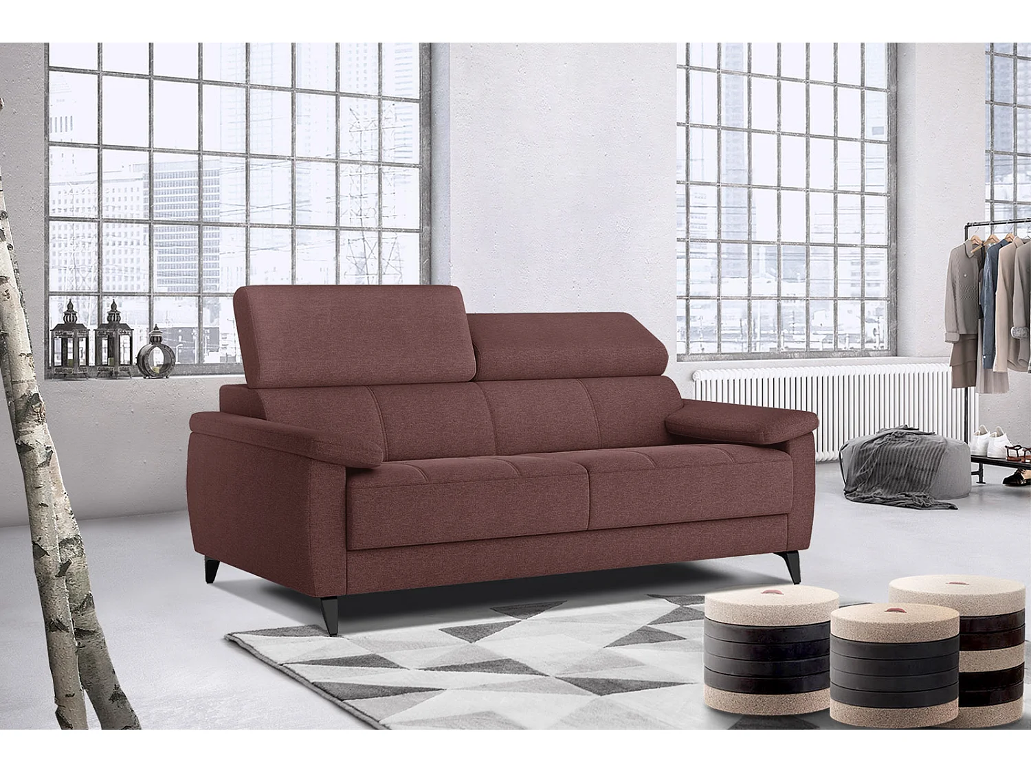 TAUNUS Sofa 3-Sitzer mit verstellbare Kopfstützen, bordeaux