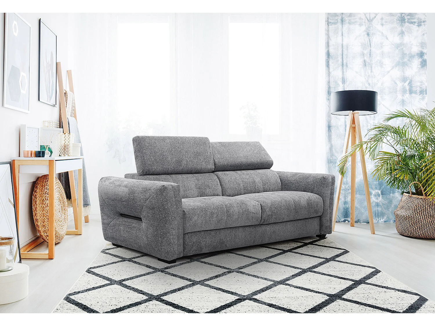CALVERA Sofa 3-Sitzer mit verstellbare Kopfstützen, grau