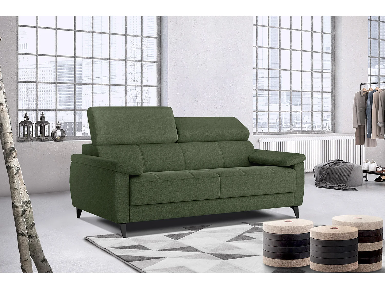 TAUNUS Sofa 3-Sitzer mit verstellbare Kopfstützen, grün