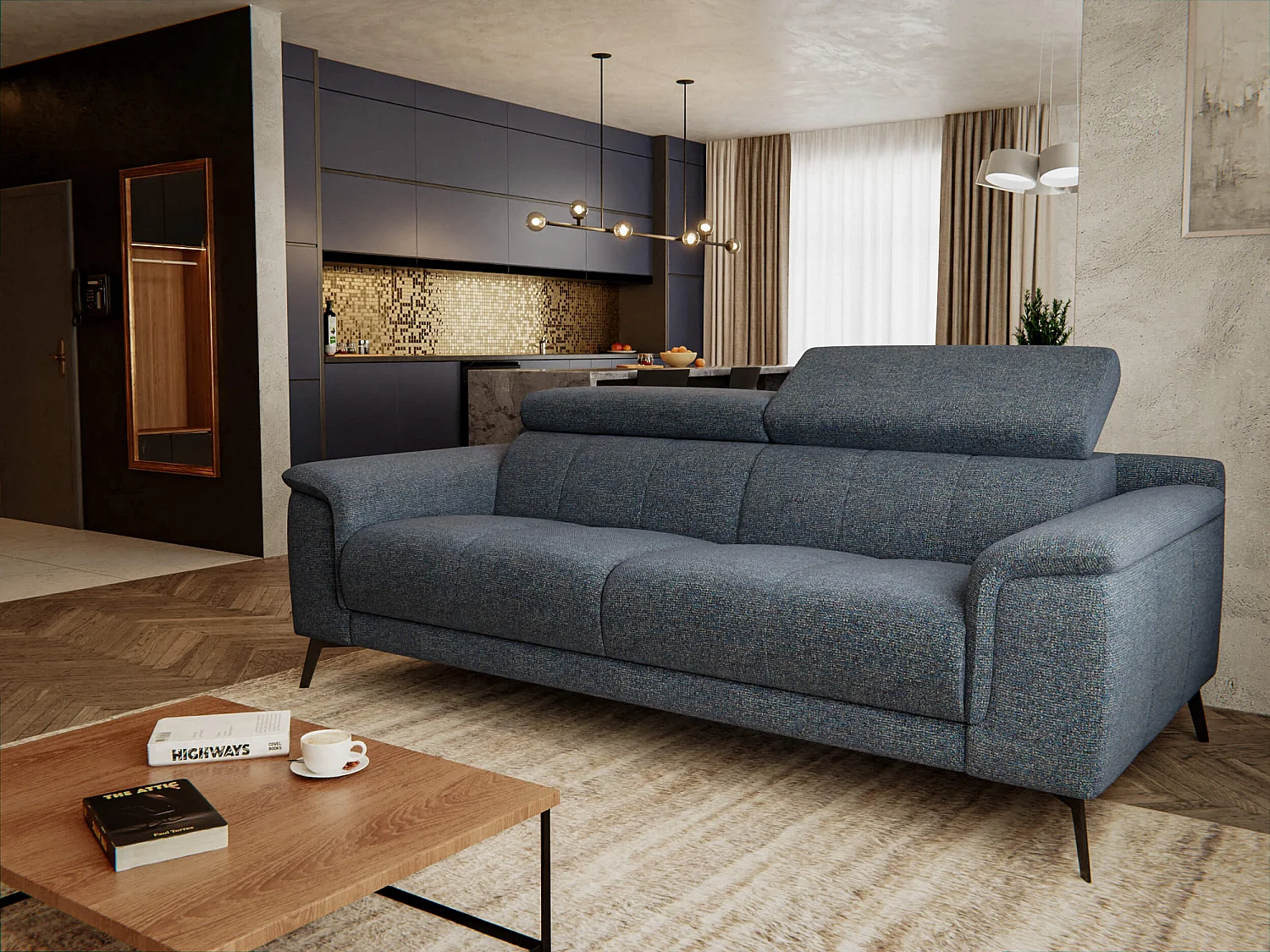 FIERO Sofa 3-Sitzer mit verstellbare Kopfstützen, marineblau