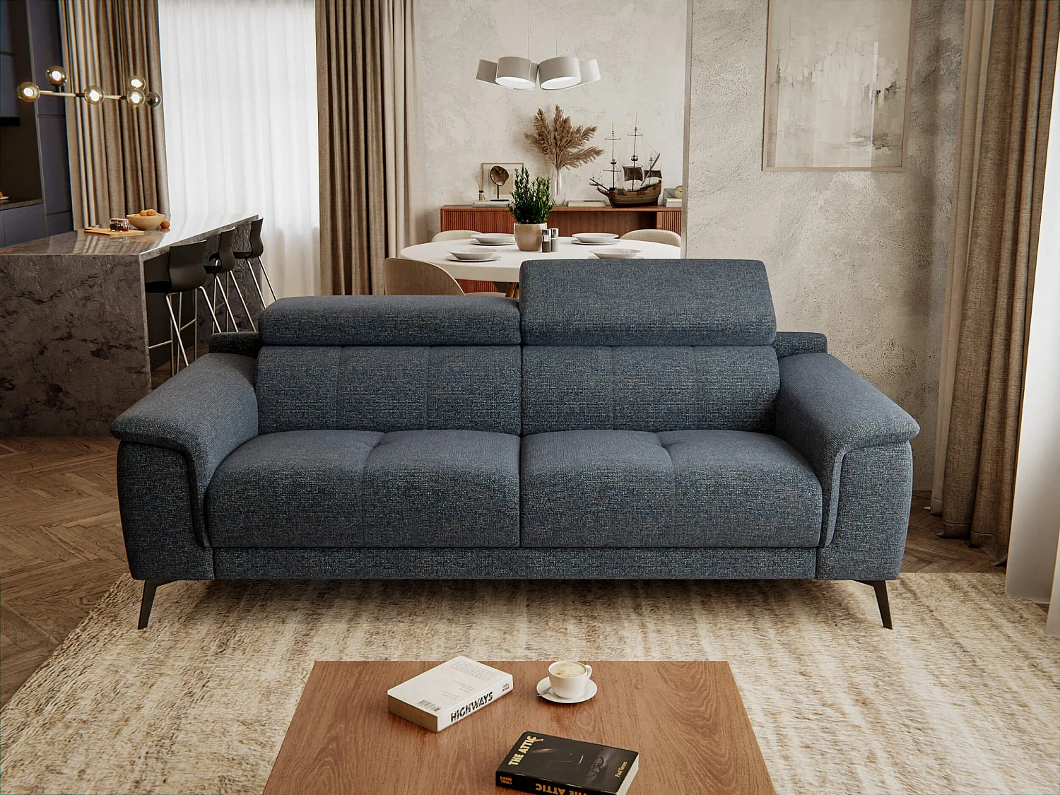 FIERO Sofa 3-Sitzer mit verstellbare Kopfstützen, marineblau