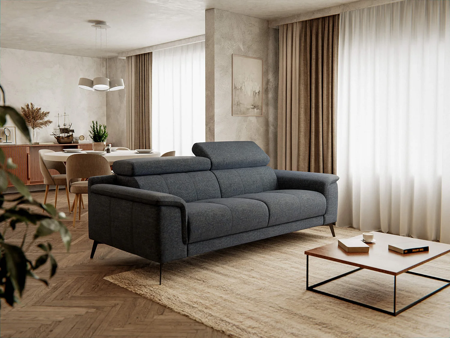 Canapé droit XXL 3 places tissu bleu foncé - FIERO