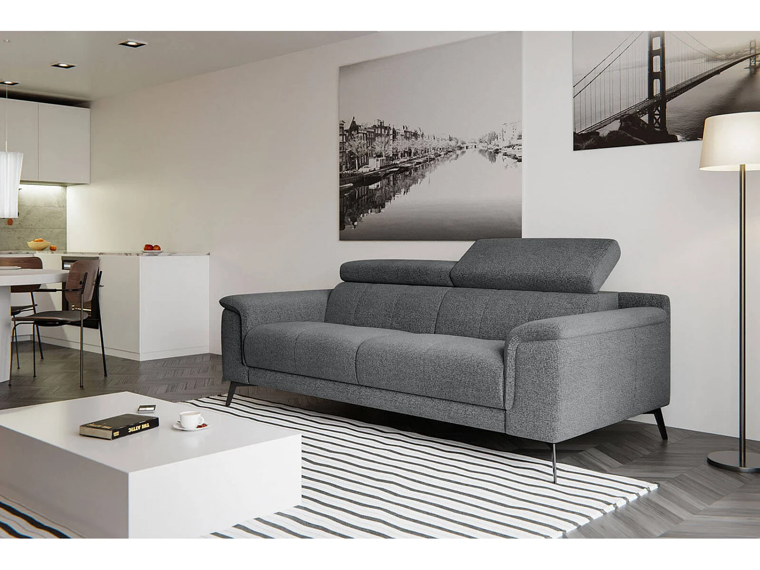 Canapé droit XXL 3 places tissu gris - FIERO