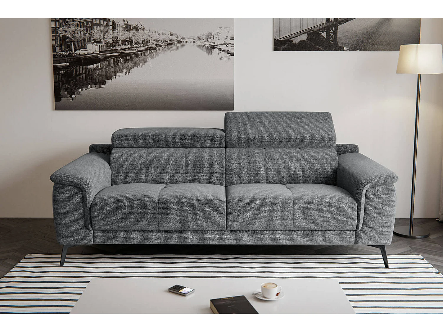 Canapé droit XXL 3 places tissu gris - FIERO