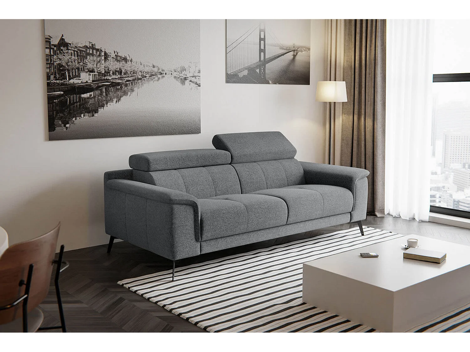 Canapé droit XXL 3 places tissu gris - FIERO