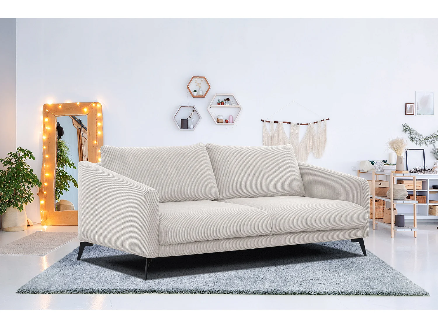 Canapé droit XXL 3 places tissu blanc perle- VILT