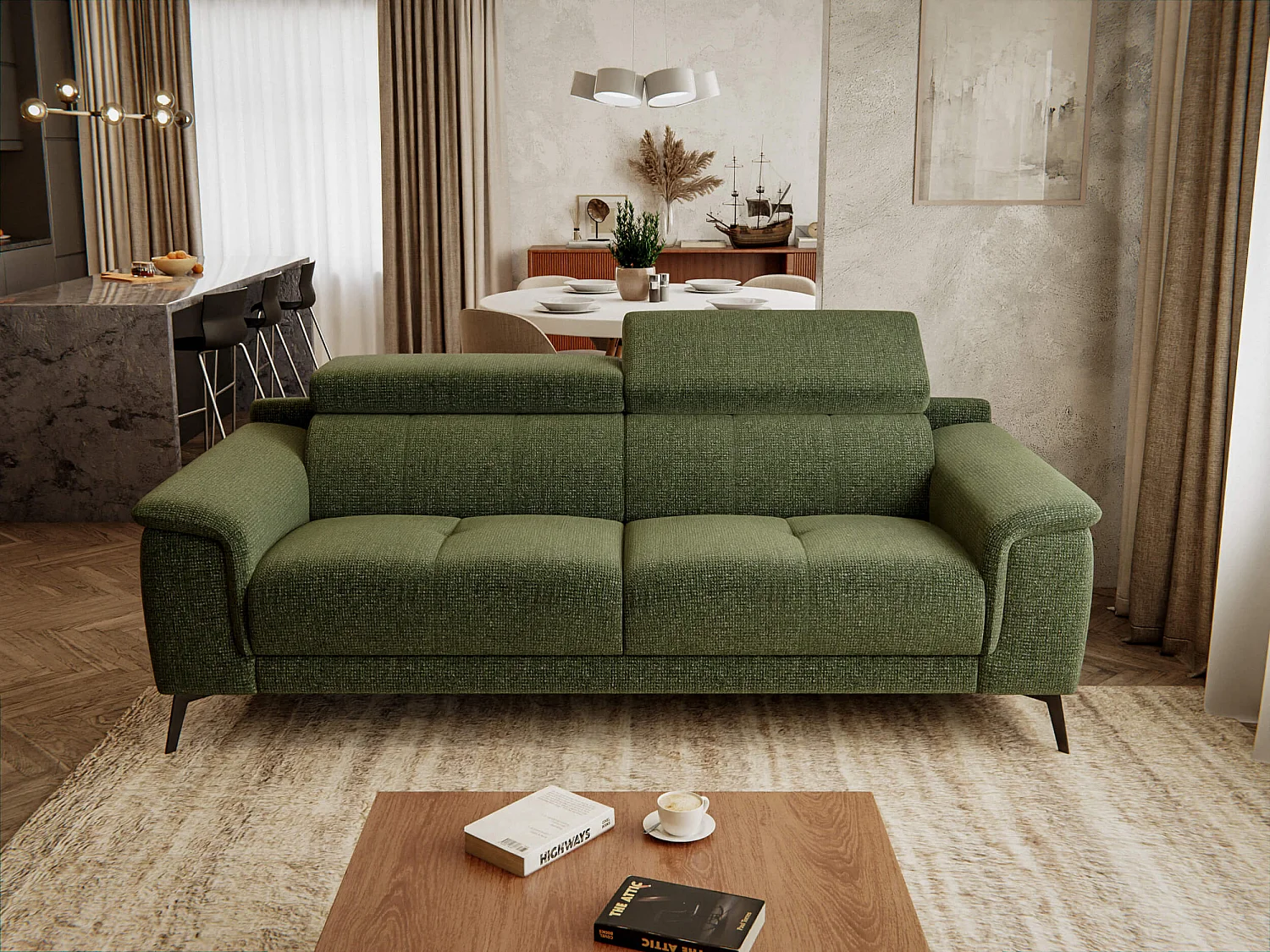 FIERO Sofa 3-Sitzer mit verstellbare Kopfstützen, olive
