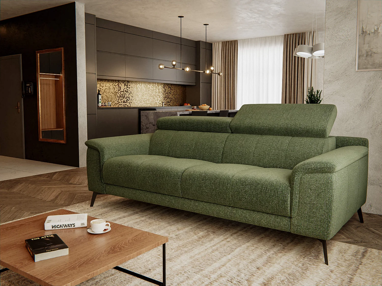 Canapé droit XXL 3 places tissu vert olive - FIERO