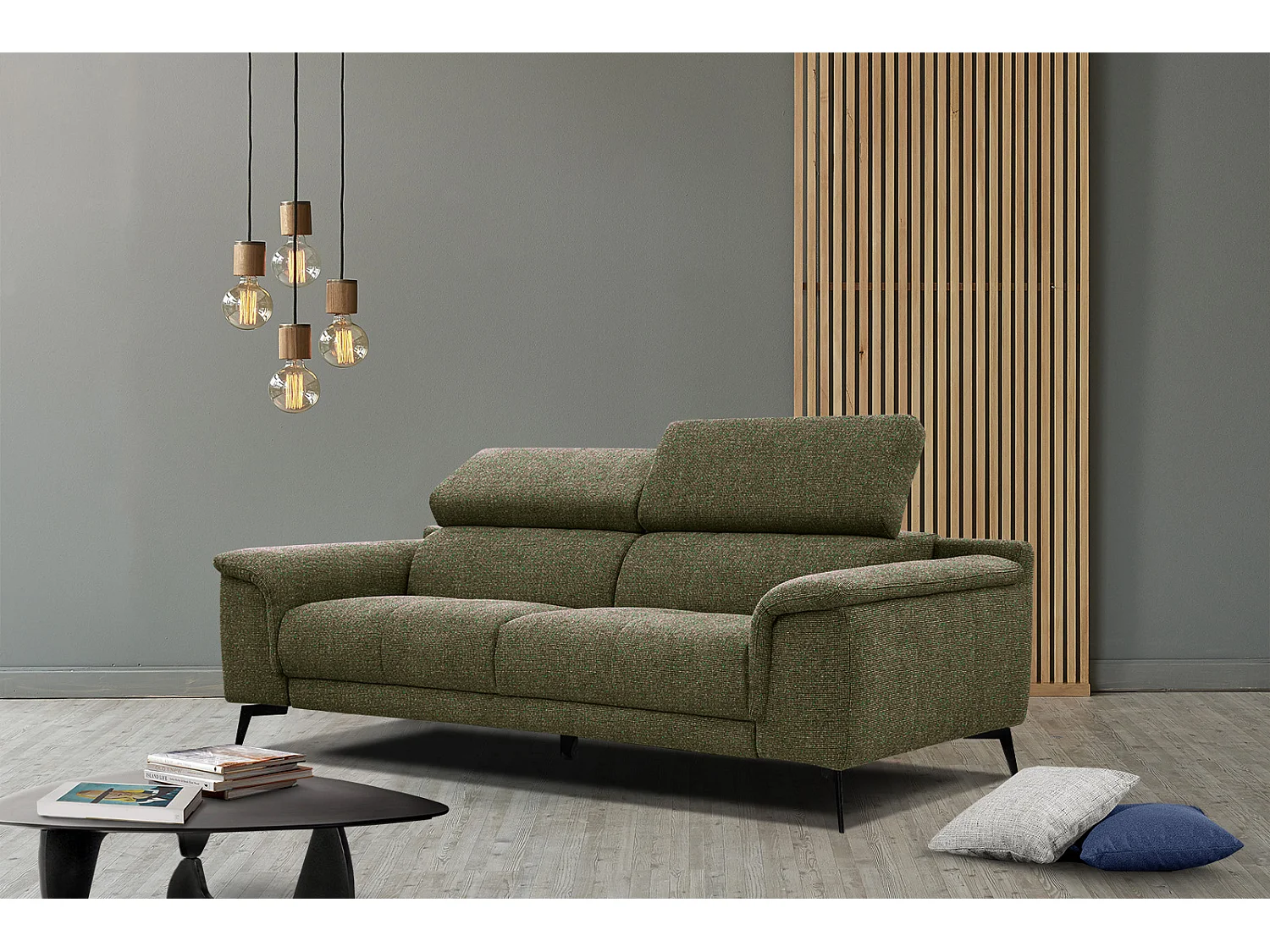 Canapé droit XXL 3 places tissu vert olive - FIERO