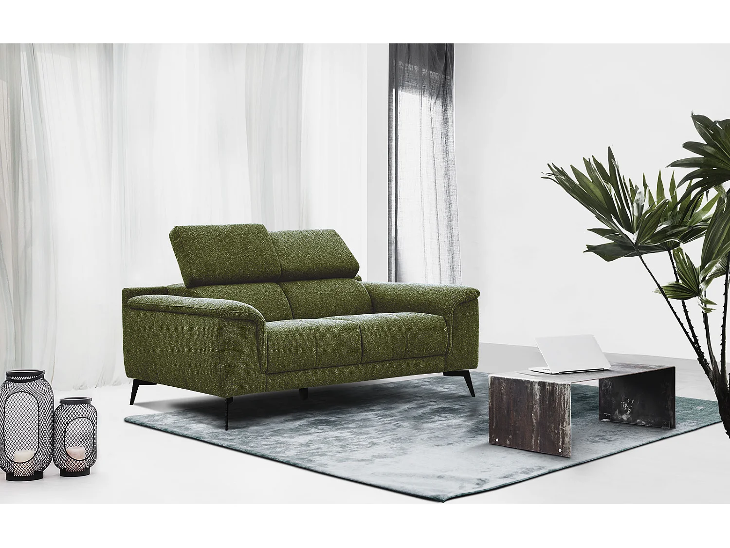 FIERO Sofa 2-Sitzer mit verstellbare Kopfstützen, olive